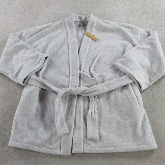 SKIMS Fleece Lounge Robe Womens Medium Gray Short Wrap Tie Sleepwear NWT - Picture 2 of 8